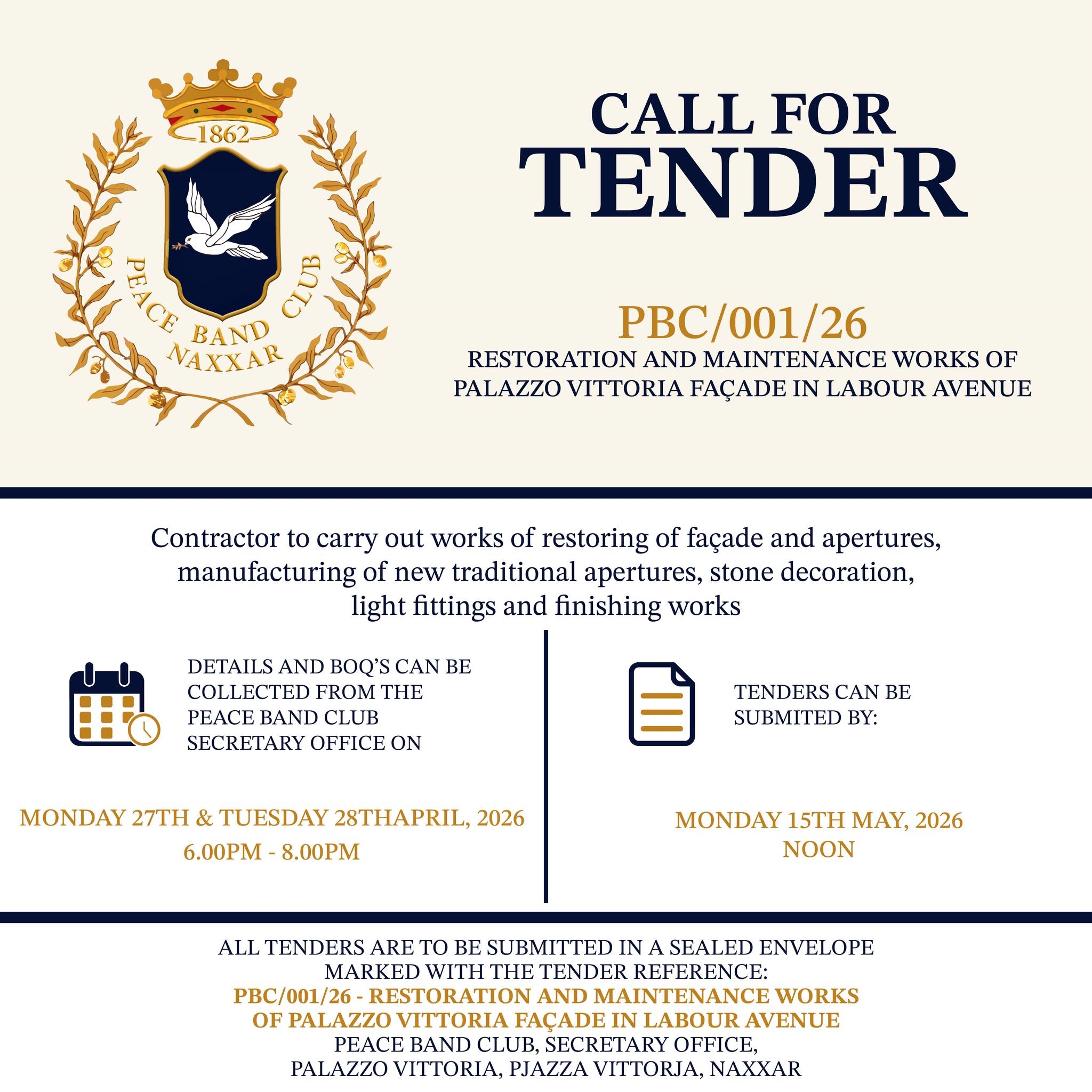 𝗖𝗮𝗹𝗹 𝗳𝗼𝗿 𝘁𝗲𝗻𝗱𝗲𝗿 - PBC/001/26 - RESTORATION AND MAINTENANCE WORKS OF PALAZZO VITTORIA FA