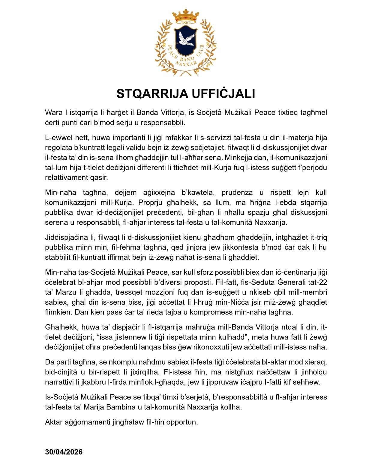 Stqarrija Uffiċjali għal dak pubblikat mill-Banda Vittorja 